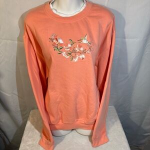 Morning Sun Peach Embroidered Hummingbird Floral Sweatshirt 2X